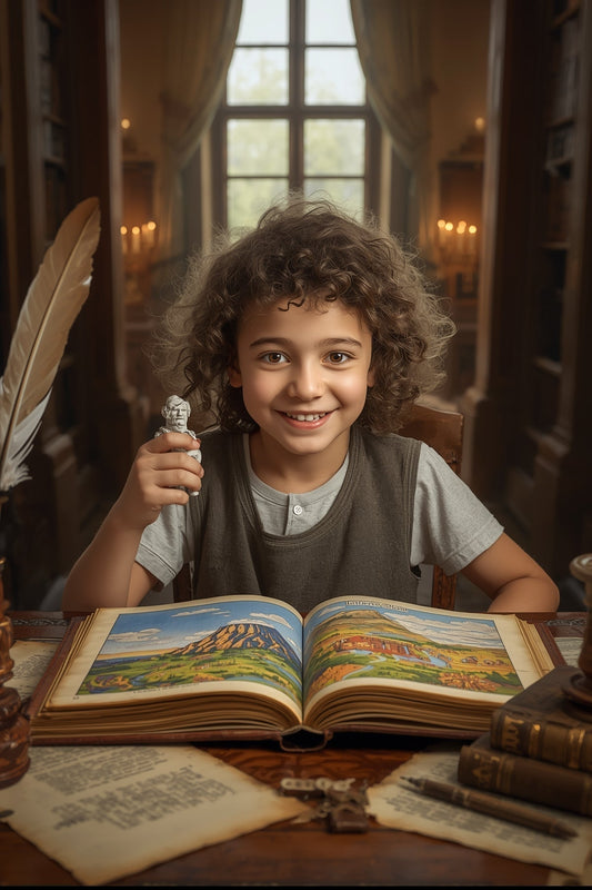 A child smiling over a greek mythology history book